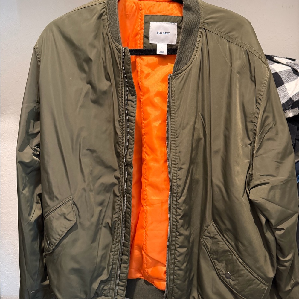 Vintage Old Navy Men's Khaki Bomber Jacket with Orange Lining